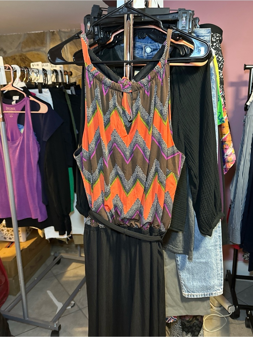 Emma & Michele Black Maxi Dress with Orange, Pink, Green Chevron Top